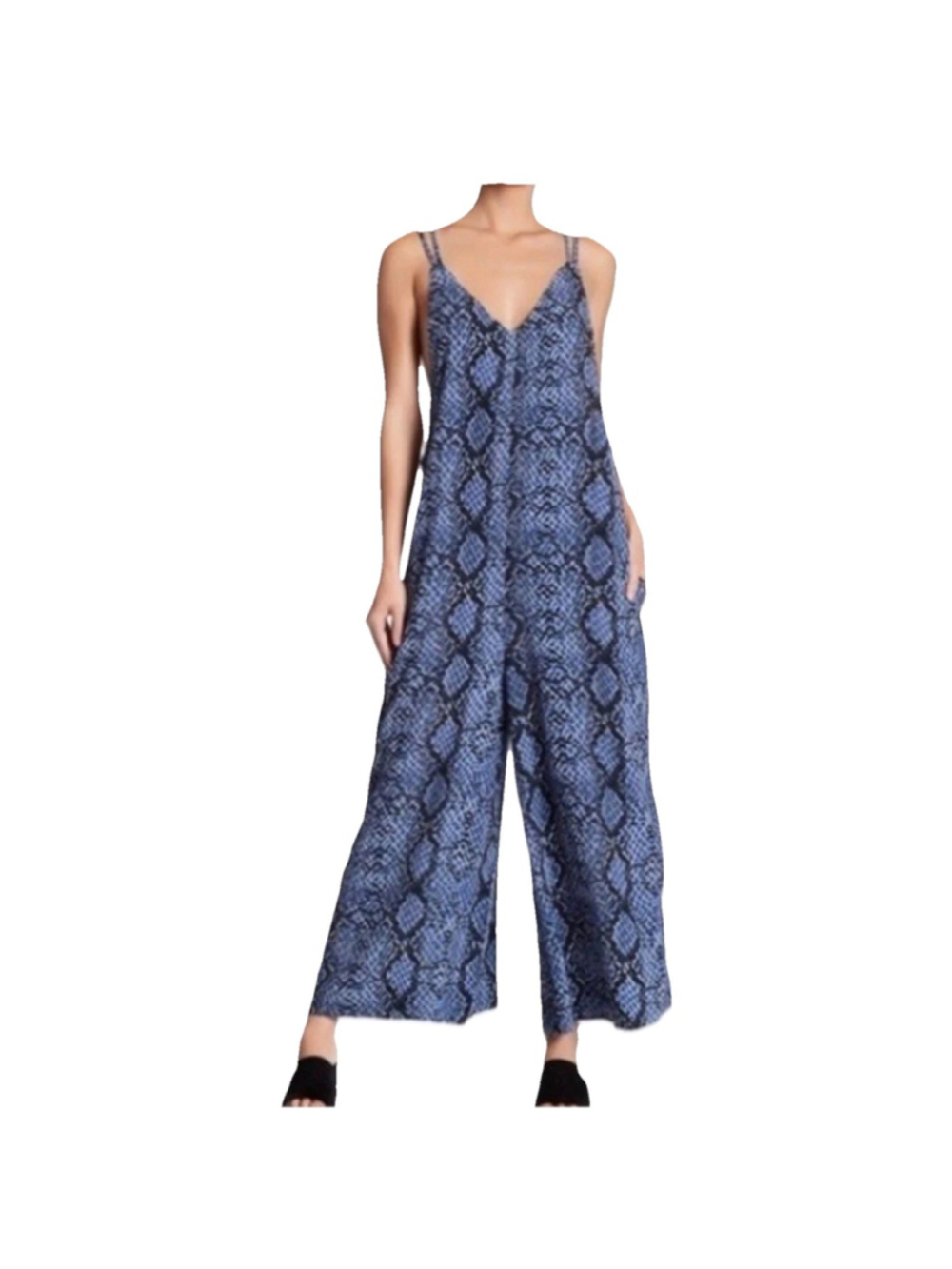 Free People Blue Reptile Print Strappy Oversized Wide Let Jumpsuit Sz. M